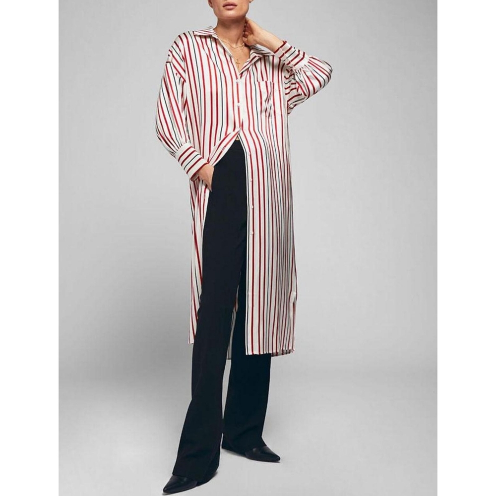ANINE BING Milly Shirt Dress Red Black Striped Silk Long Sleeve Dress Small NWOT